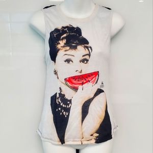 Audrey Hepburn Watermelon Graphic Novelty Tank Top Mesh Back Sz M